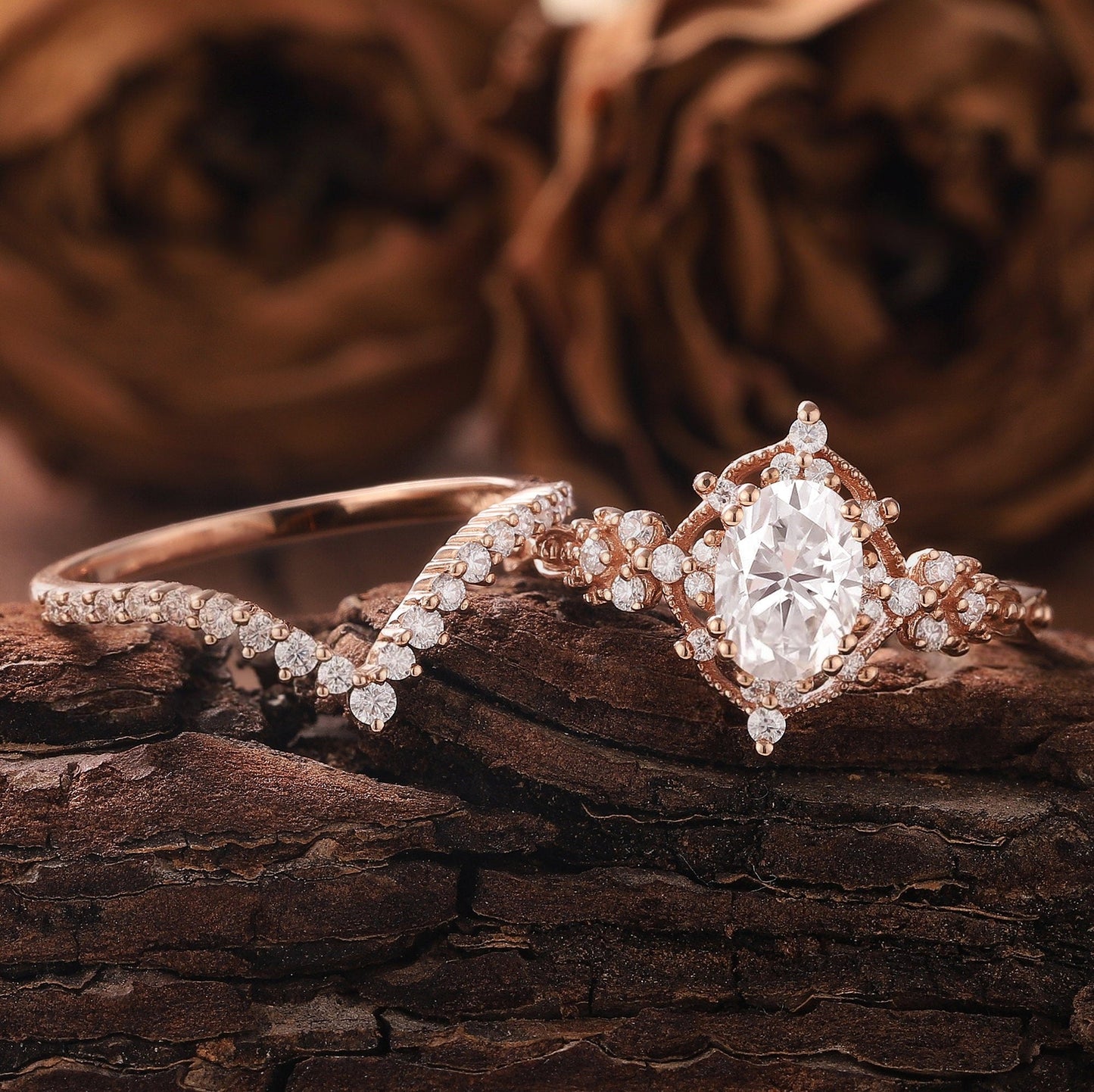 Vintage Moissanite Engagement Ring Set Oval Moissanite Ring Dainty Rose Gold Ring Bridal Set Diamond Ring Unique Ring Promise Ring for Women - anerjuly