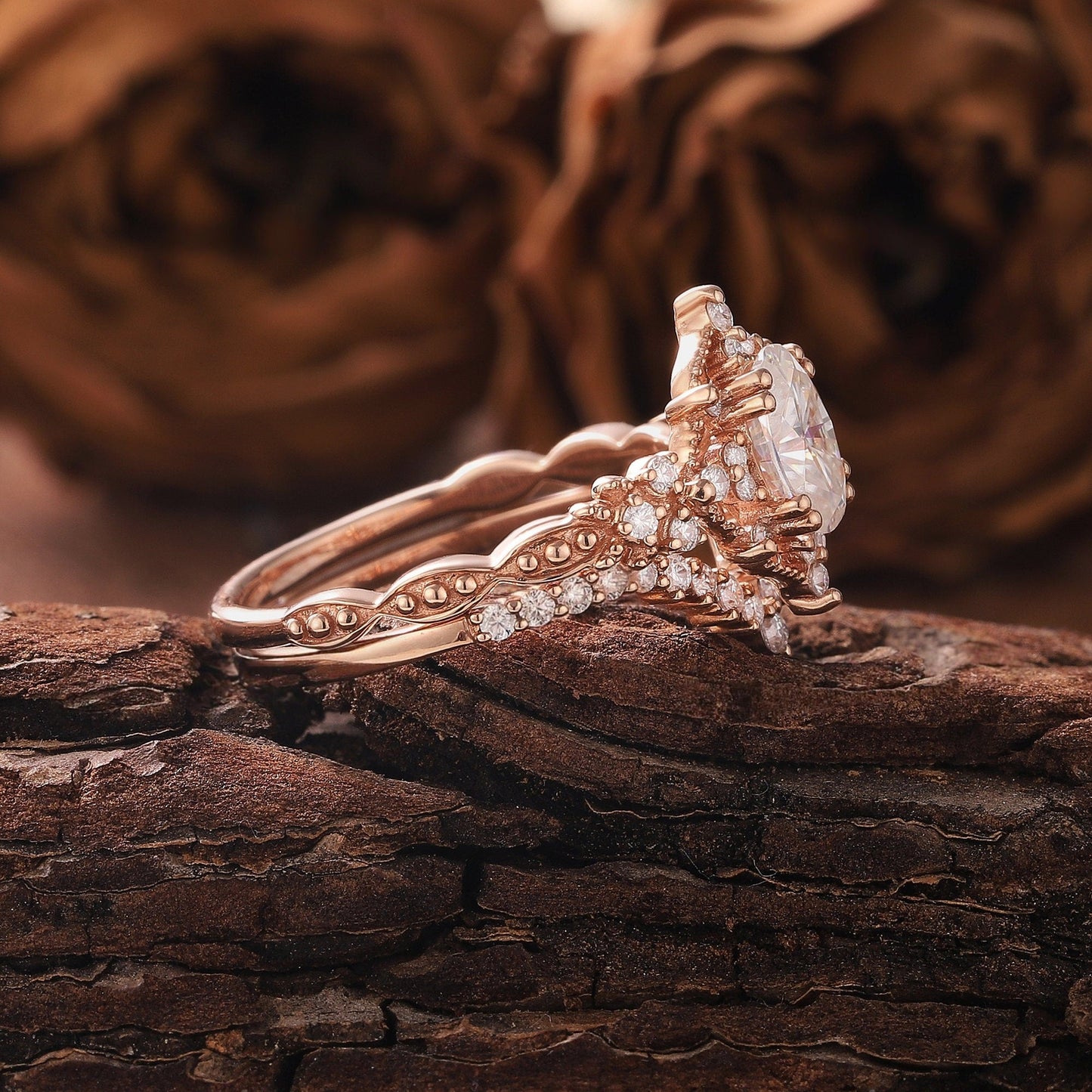 Vintage Moissanite Engagement Ring Set Oval Moissanite Ring Dainty Rose Gold Ring Bridal Set Diamond Ring Unique Ring Promise Ring for Women - anerjuly
