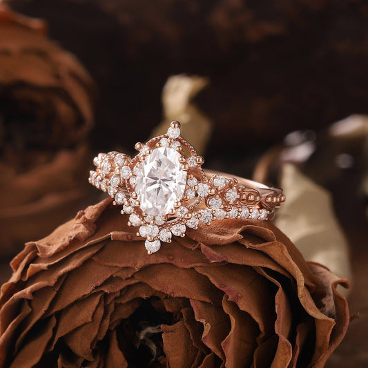 Vintage Moissanite Engagement Ring Set Oval Moissanite Ring Dainty Rose Gold Ring Bridal Set Diamond Ring Unique Ring Promise Ring for Women - anerjuly