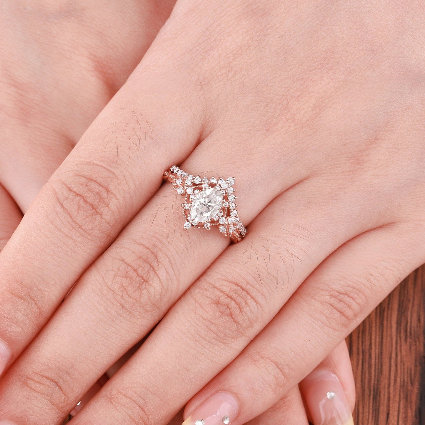 Vintage Moissanite Engagement Ring Set Oval Moissanite Ring Dainty Rose Gold Ring Bridal Set Diamond Ring Unique Ring Promise Ring for Women - anerjuly