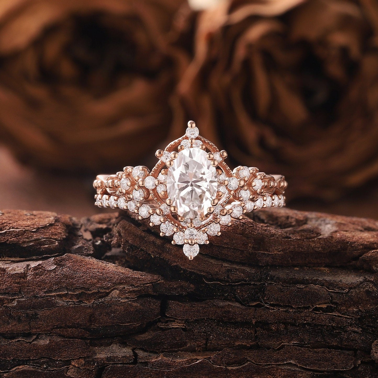 Vintage Moissanite Engagement Ring Set Oval Moissanite Ring Dainty Rose Gold Ring Bridal Set Diamond Ring Unique Ring Promise Ring for Women - anerjuly