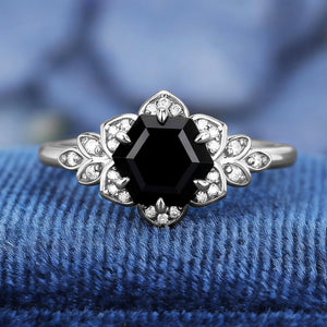 Vintage Natural Couple Ring Matching Wedding Band Black Onyx Engagement Ring Black Onyx Ring Set - anerjuly