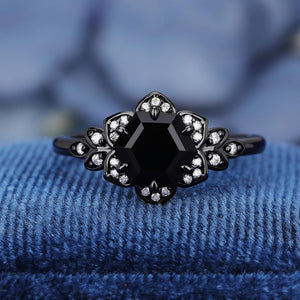 Vintage Natural Couple Ring Matching Wedding Band Black Onyx Engagement Ring Black Onyx Ring Set - anerjuly