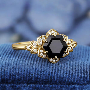 Vintage Natural Couple Ring Matching Wedding Band Black Onyx Engagement Ring Black Onyx Ring Set - anerjuly