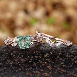 Vintage Nature Heart Moss Agate Engagement Ring Set Rose Gold Leaf Branch Inspired Promise Rings - anerjuly