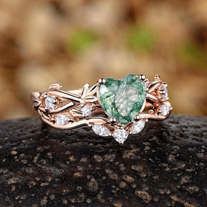 Vintage Nature Heart Moss Agate Engagement Ring Set Rose Gold Leaf Branch Inspired Promise Rings - anerjuly