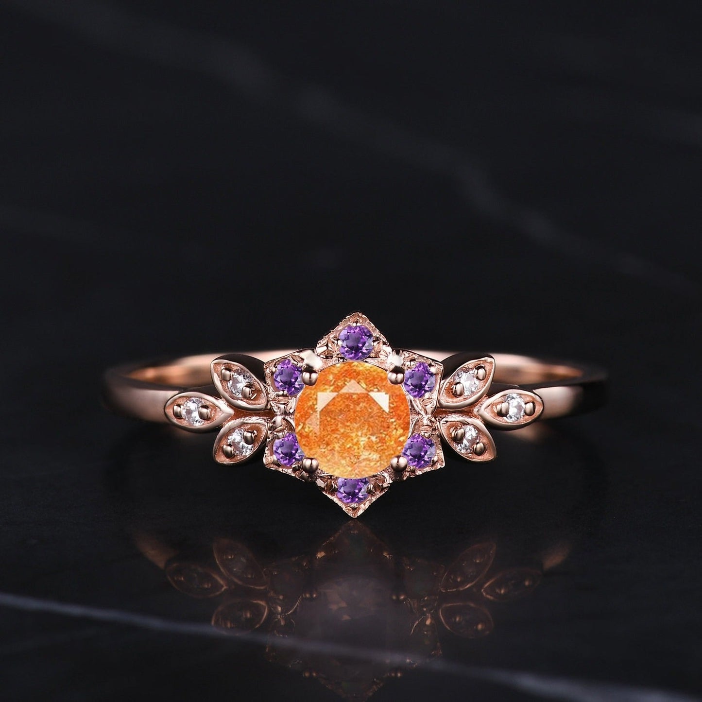 Vintage Orange Sunstone Flower Leaf Engagement Ring Wedding Ring Art Deco Promise Ring Gift Women - anerjuly