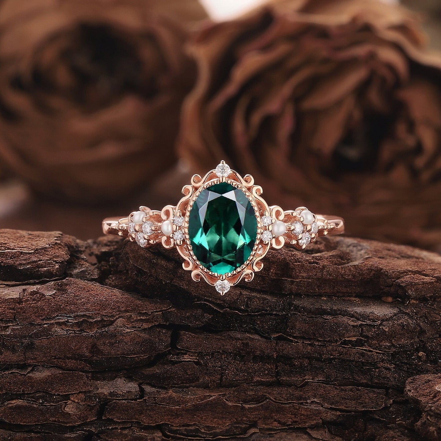 Vintage Oval Emerald and Diamond Engagement Ring, Unique Crown Emerald Wedding Ring Art Deco May Birthstone Promise Ring - anerjuly