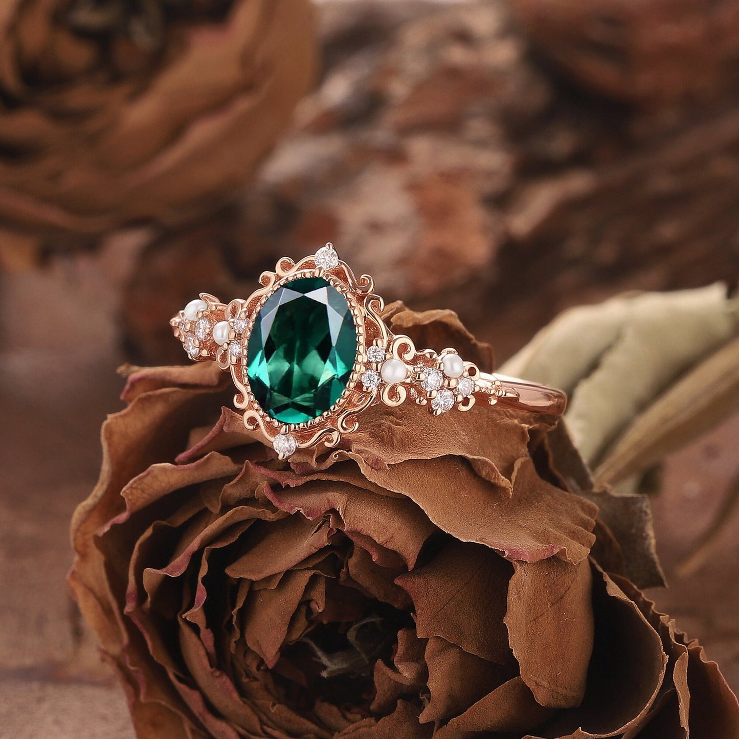 Vintage Oval Emerald and Diamond Engagement Ring, Unique Crown Emerald Wedding Ring Art Deco May Birthstone Promise Ring - anerjuly