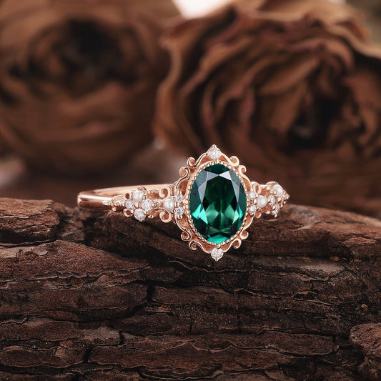 Vintage Oval Emerald and Diamond Engagement Ring, Unique Crown Emerald Wedding Ring Art Deco May Birthstone Promise Ring - anerjuly