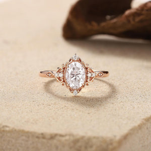 Vintage Oval Shaped Moissanite Engagement Ring Cluster Ring Art Deco Rose Gold Ring Anniversary Gift for Her - anerjuly