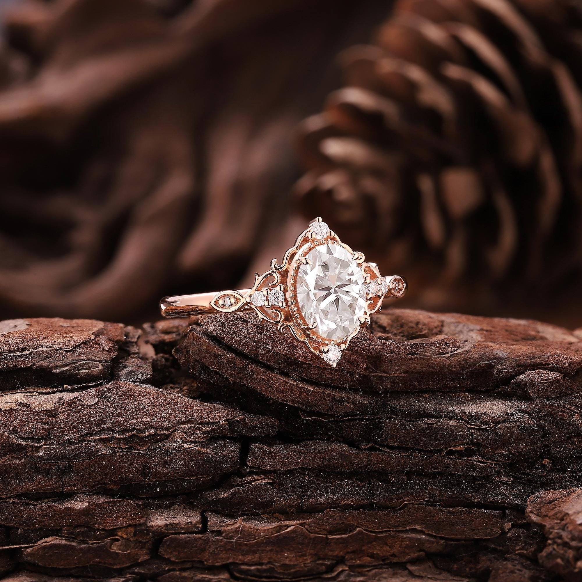 Vintage Oval Shaped Moissanite Engagement Ring Cluster Ring Art Deco Rose Gold Ring Anniversary Gift for Her - anerjuly