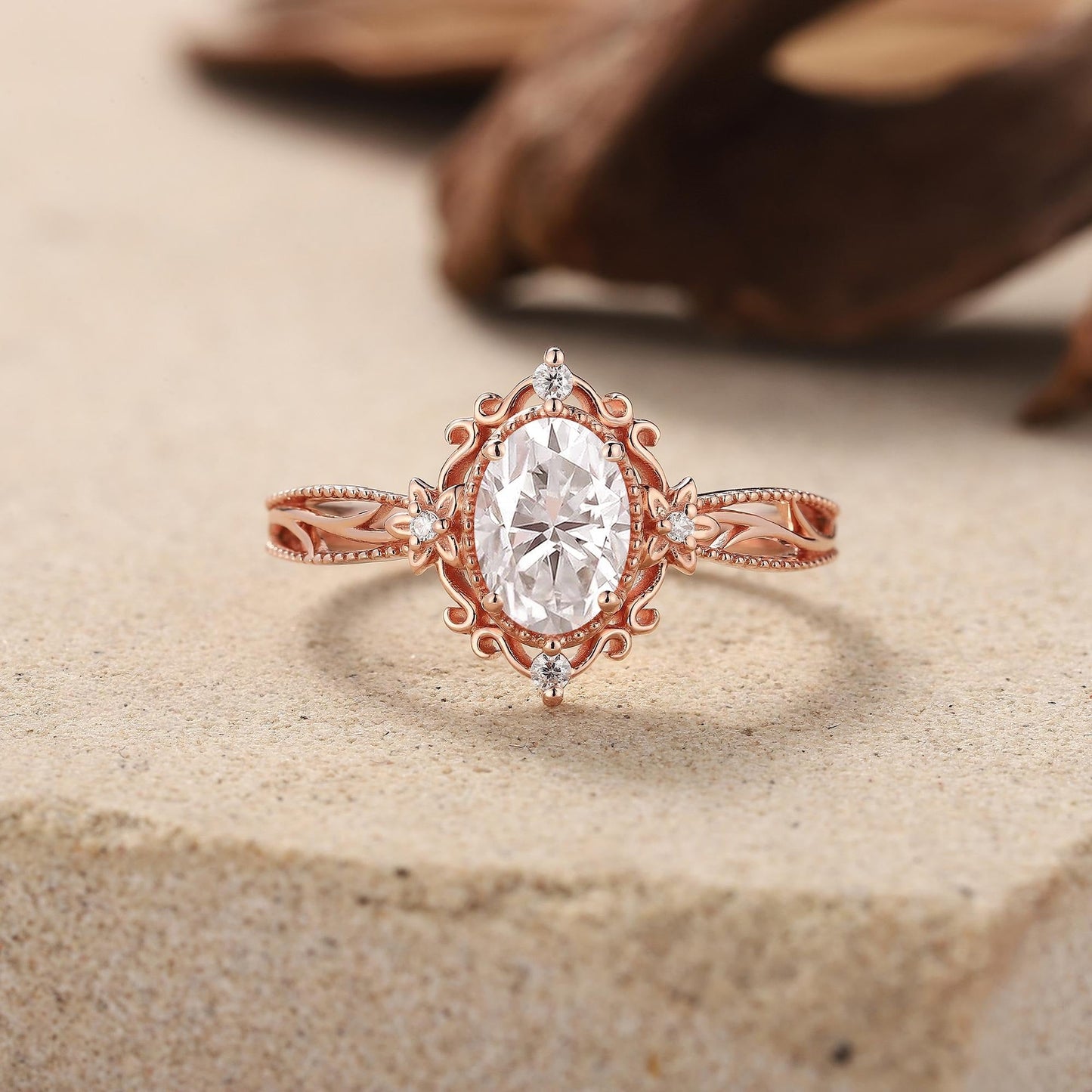 Vintage Oval Shaped Moissanite Engagement Ring Gold Ring Floral Wedding Ring Art Deco Filigree Women Anniversary Gift - anerjuly