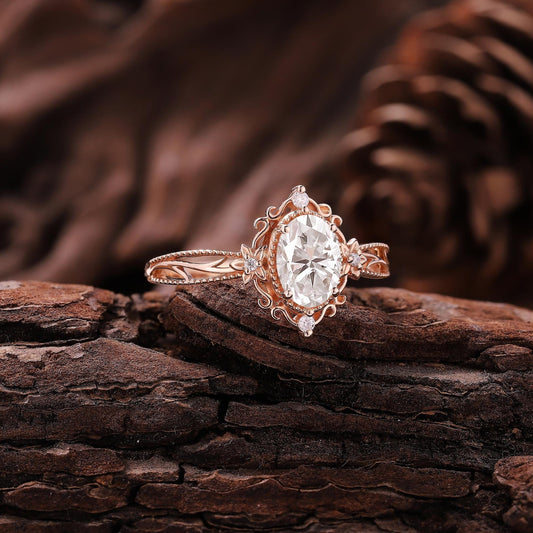 Vintage Oval Shaped Moissanite Engagement Ring Gold Ring Floral Wedding Ring Art Deco Filigree Women Anniversary Gift - anerjuly