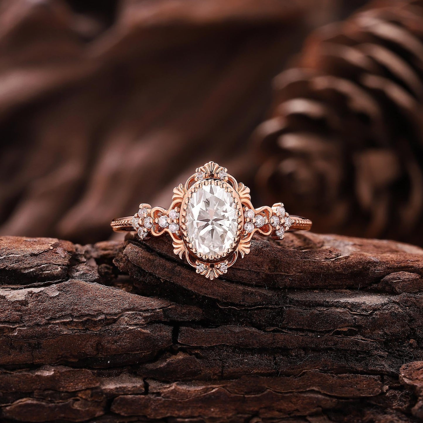 Vintage Oval Shaped Moissanite Engagement Ring Rose Gold Floral Wedding Ring Art Deco Wedding Rings For Women Anniversary Gift - anerjuly