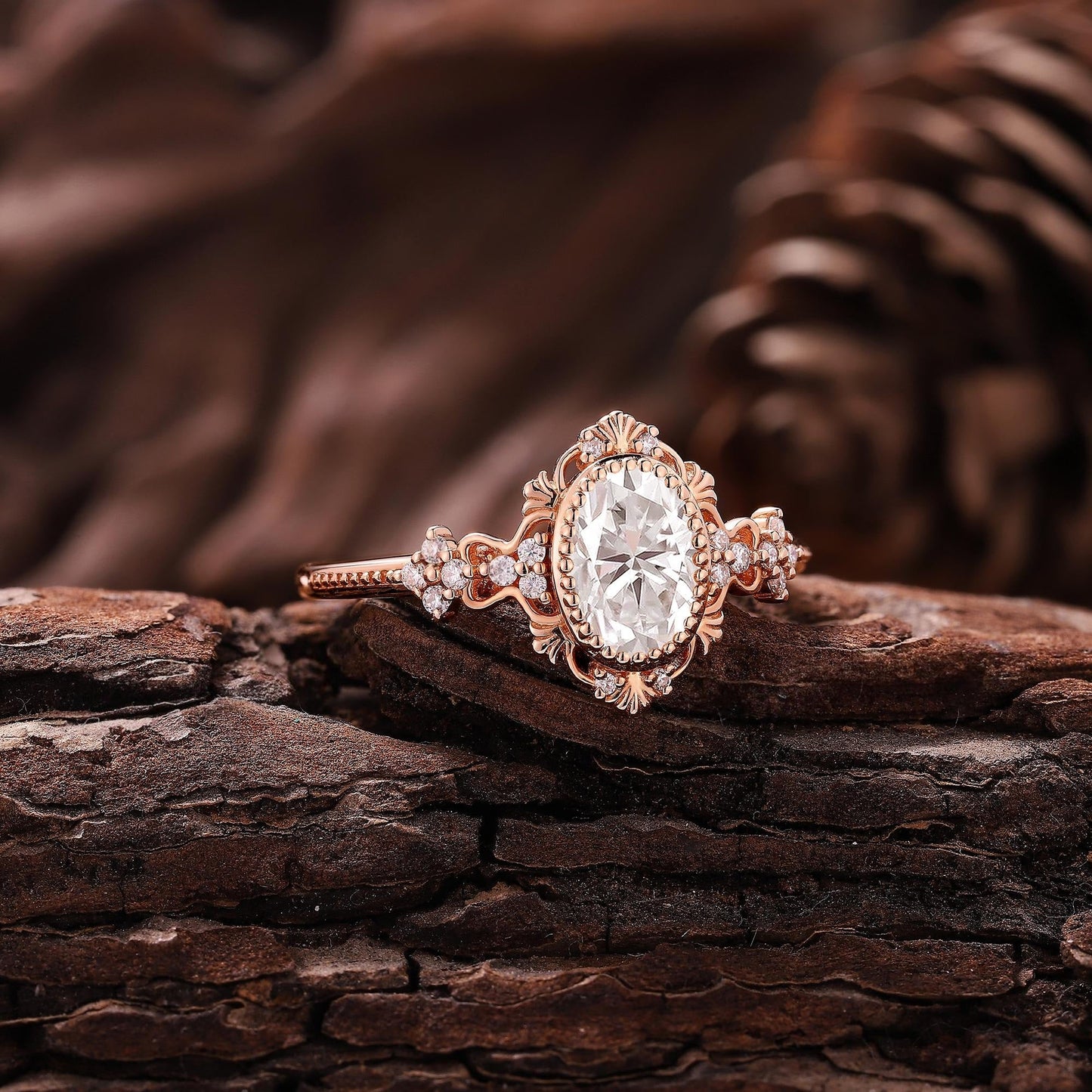 Vintage Oval Shaped Moissanite Engagement Ring Rose Gold Floral Wedding Ring Art Deco Wedding Rings For Women Anniversary Gift - anerjuly