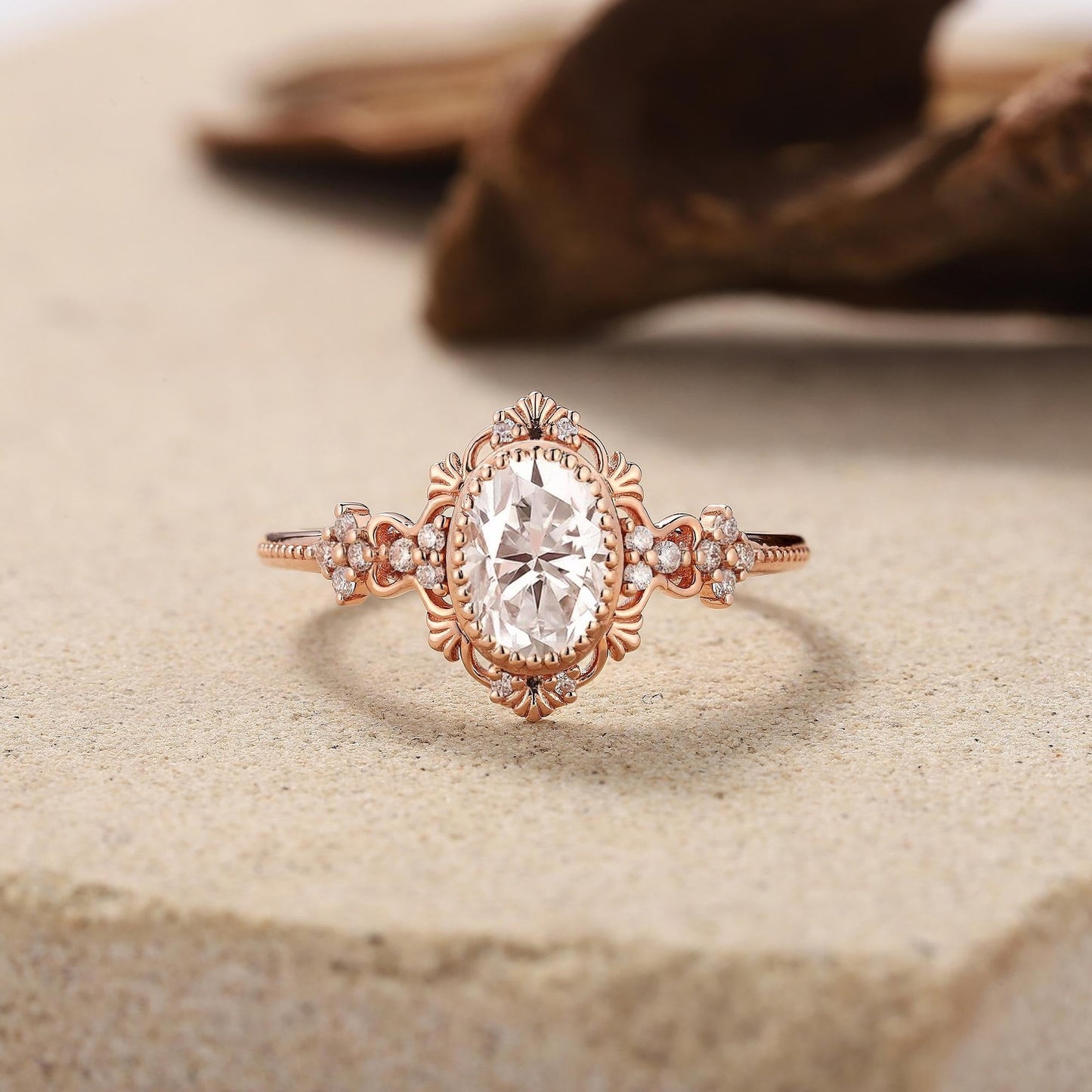 Vintage Oval Shaped Moissanite Engagement Ring Rose Gold Floral Wedding Ring Art Deco Wedding Rings For Women Anniversary Gift - anerjuly