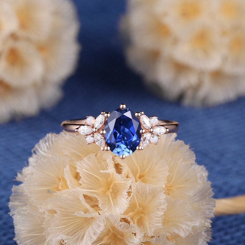 Vintage Oval Shaped Royal Blue Sapphire Engagement Ring Set Rose Gold Leaf Promise Ring - anerjuly