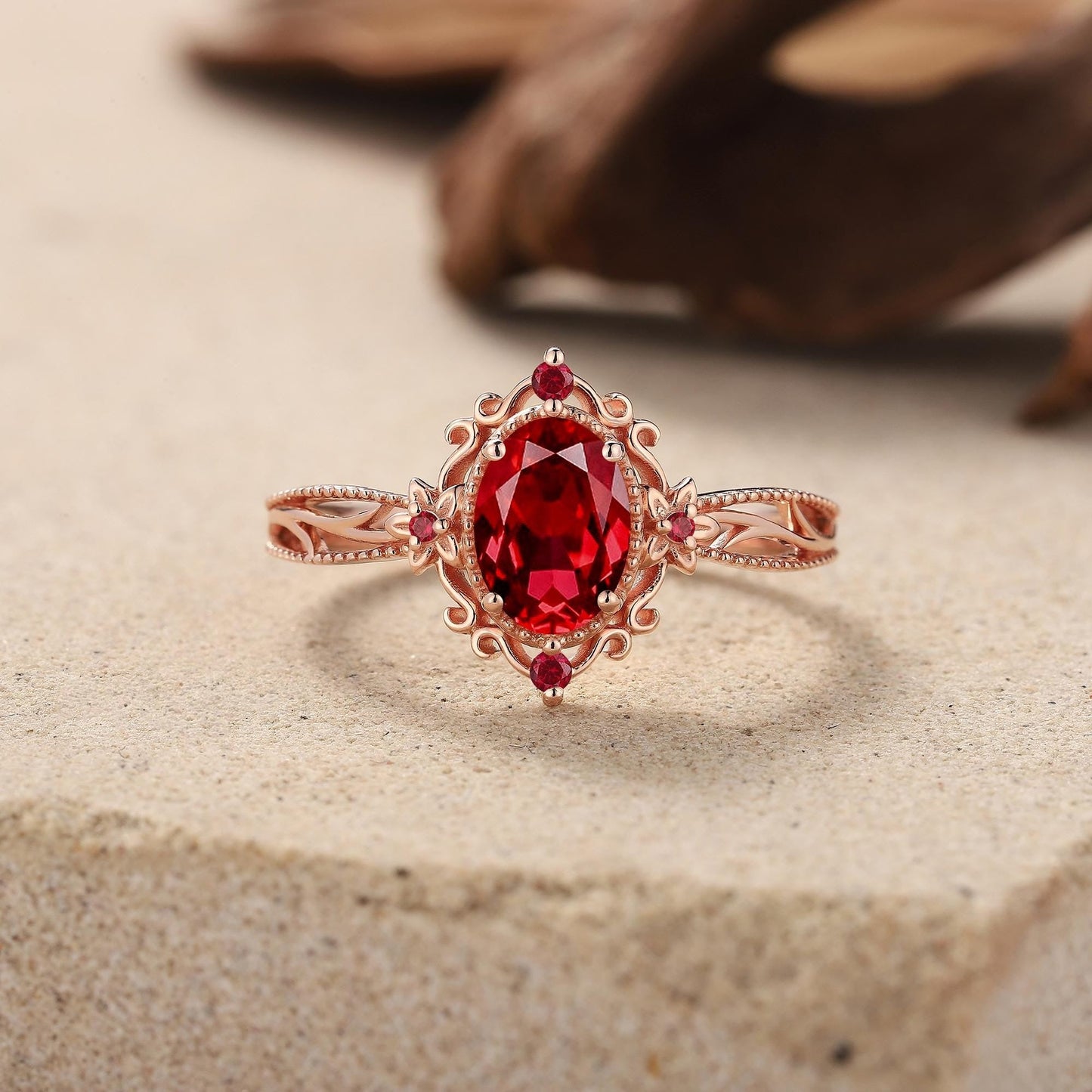Vintage Oval Shaped Ruby Engagement Ring Gold Ring Unique Floral Wedding Ring Art Deco Diamond Wedding Rings For Women Anniversary Gift - anerjuly