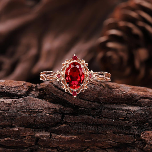 Vintage Oval Shaped Ruby Engagement Ring Gold Ring Unique Floral Wedding Ring Art Deco Diamond Wedding Rings For Women Anniversary Gift - anerjuly