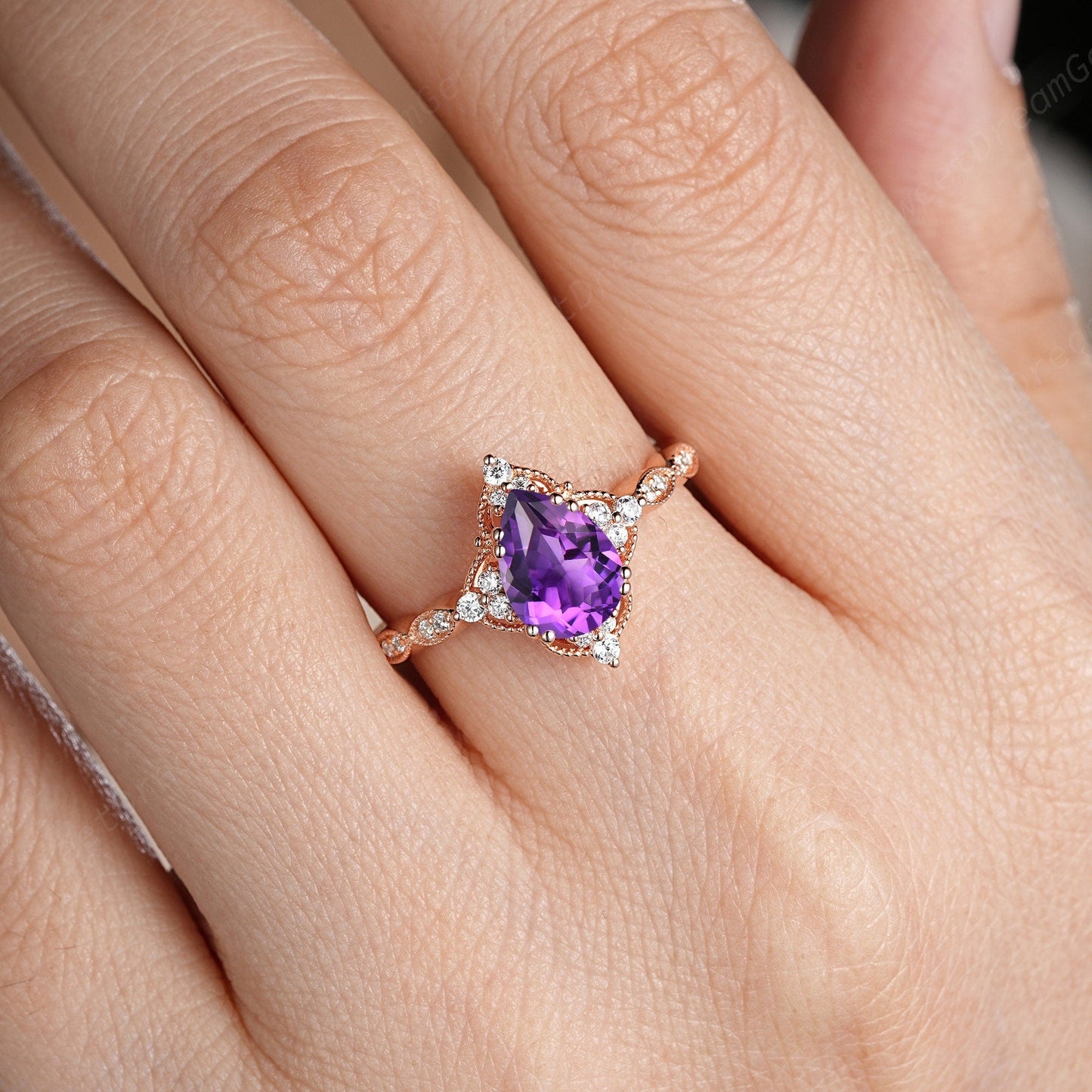 Vintage Pear Amethyst Art Deco Couple Ring Set His and Her Wedding Band Engagement Ring matching rings - anerjuly