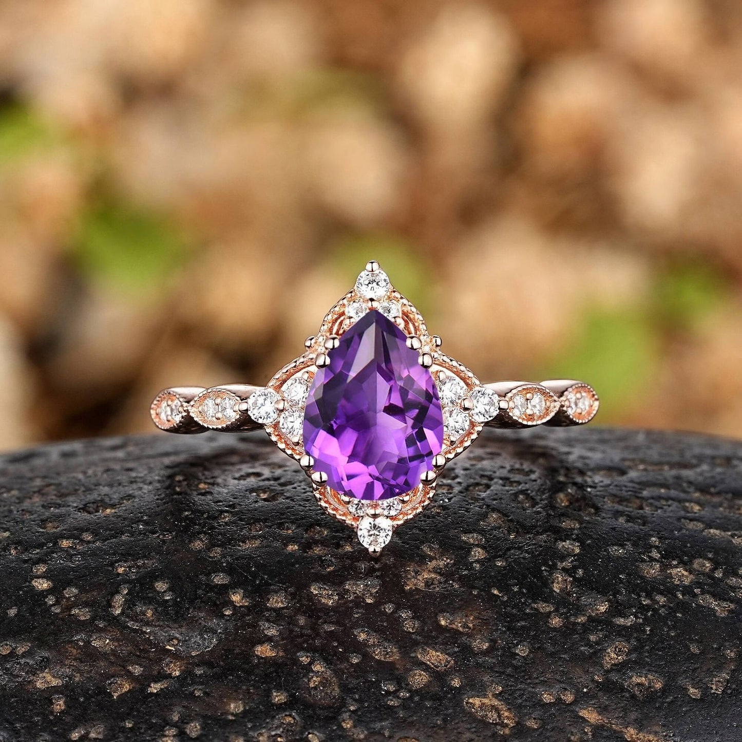 Vintage Pear Amethyst Art Deco Couple Ring Set His and Her Wedding Band Engagement Ring matching rings - anerjuly