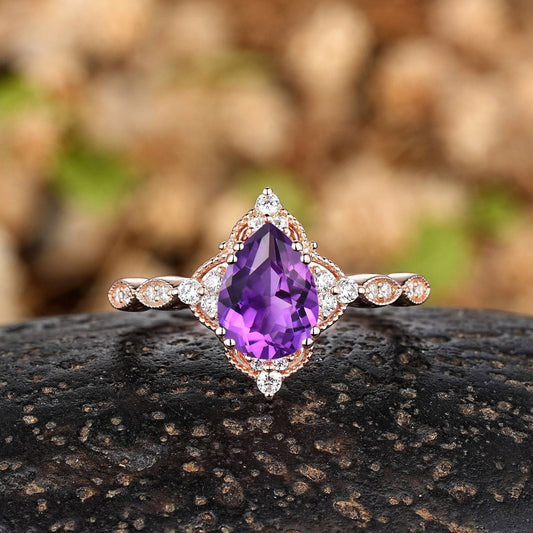 Vintage Pear Amethyst Art Deco Couple Ring Set His and Her Wedding Band Engagement Ring matching rings - anerjuly
