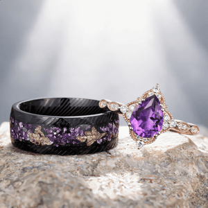 Vintage Pear Amethyst Art Deco Couple Ring Set His and Her Wedding Band Engagement Ring matching rings - anerjuly