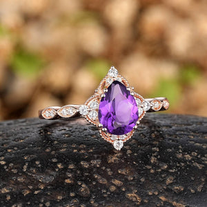Vintage Pear Amethyst Art Deco Couple Ring Set His and Her Wedding Band Engagement Ring matching rings - anerjuly