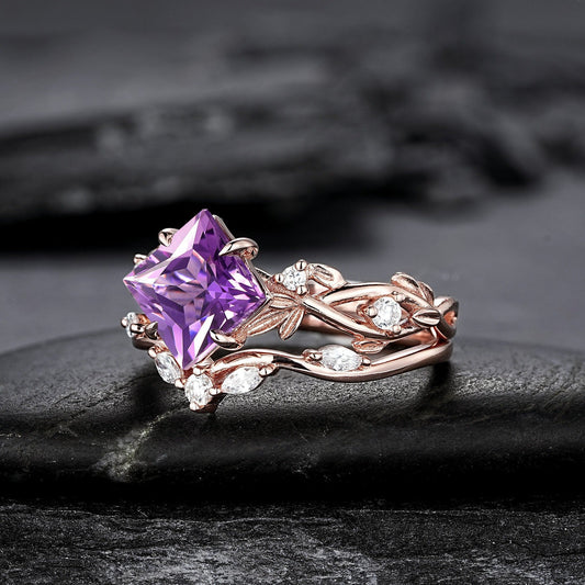 Vintage Pear Amethyst Engagement Ring Set Gold Leaf Floral Nature Inspired Purple Gemstone Promise Ring - anerjuly