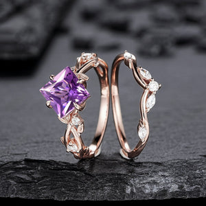 Vintage Pear Amethyst Engagement Ring Set Gold Leaf Floral Nature Inspired Purple Gemstone Promise Ring - anerjuly