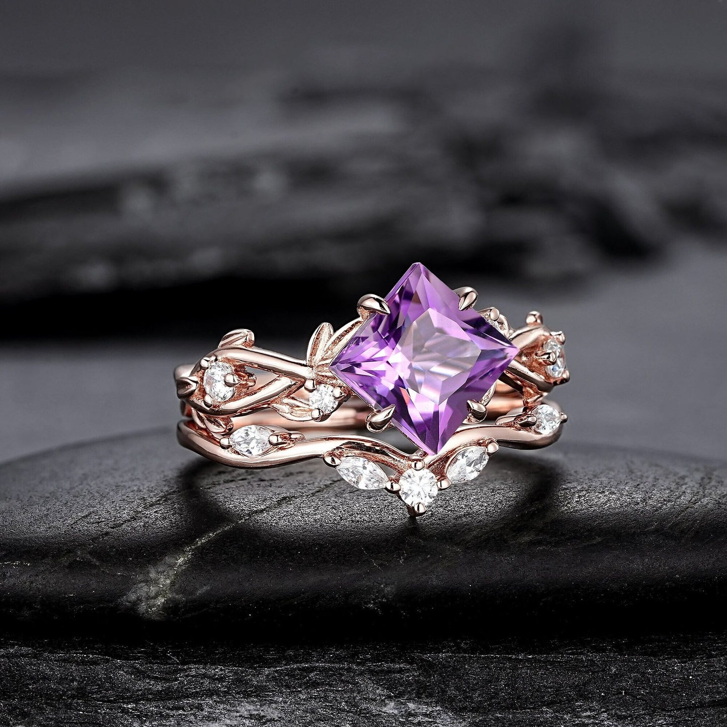 Vintage Pear Amethyst Engagement Ring Set Gold Leaf Floral Nature Inspired Purple Gemstone Promise Ring - anerjuly