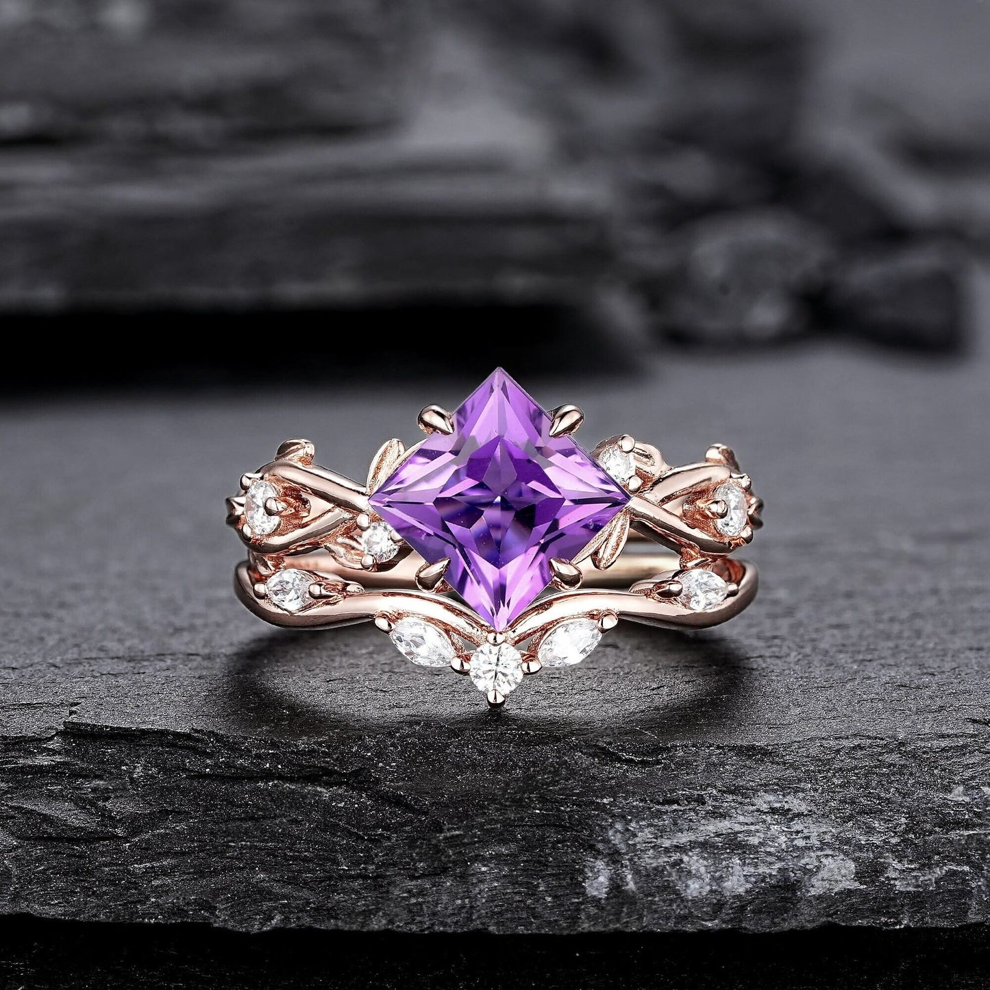 Vintage Pear Amethyst Engagement Ring Set Gold Leaf Floral Nature Inspired Purple Gemstone Promise Ring - anerjuly