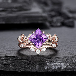 Vintage Pear Amethyst Engagement Ring Set Gold Leaf Floral Nature Inspired Purple Gemstone Promise Ring - anerjuly