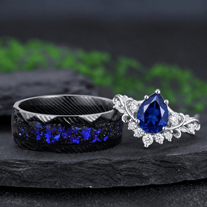 Vintage Pear Blue Sapphire and Black Tungsten Couple Ring Set with Galaxy Opal Inlay - anerjuly