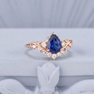 Vintage Pear Blue Sapphire and Black Tungsten Couple Ring Set with Galaxy Opal Inlay - anerjuly
