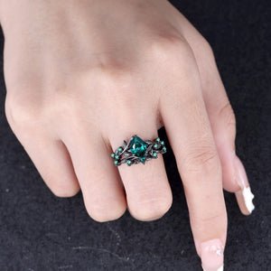 Vintage Pear Emerald Engagement Ring Set Twig Leaf Black Gold Cluster Ring Women Bridal Promise Ring - anerjuly