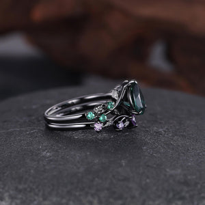 Vintage Pear Emerald Engagement Ring Set Twig Leaf Black Gold Cluster Ring Women Bridal Promise Ring - anerjuly