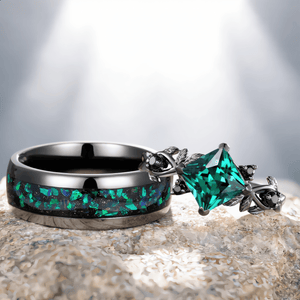 Vintage Princess Cut Emerald Bridal Set Green Opal Tungsten Unique His and Hers Rings Couple Ring - anerjuly