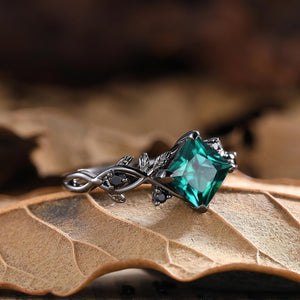 Vintage Princess Cut Emerald Engagement Ring Leaf Design Black Band Ring Set - anerjuly