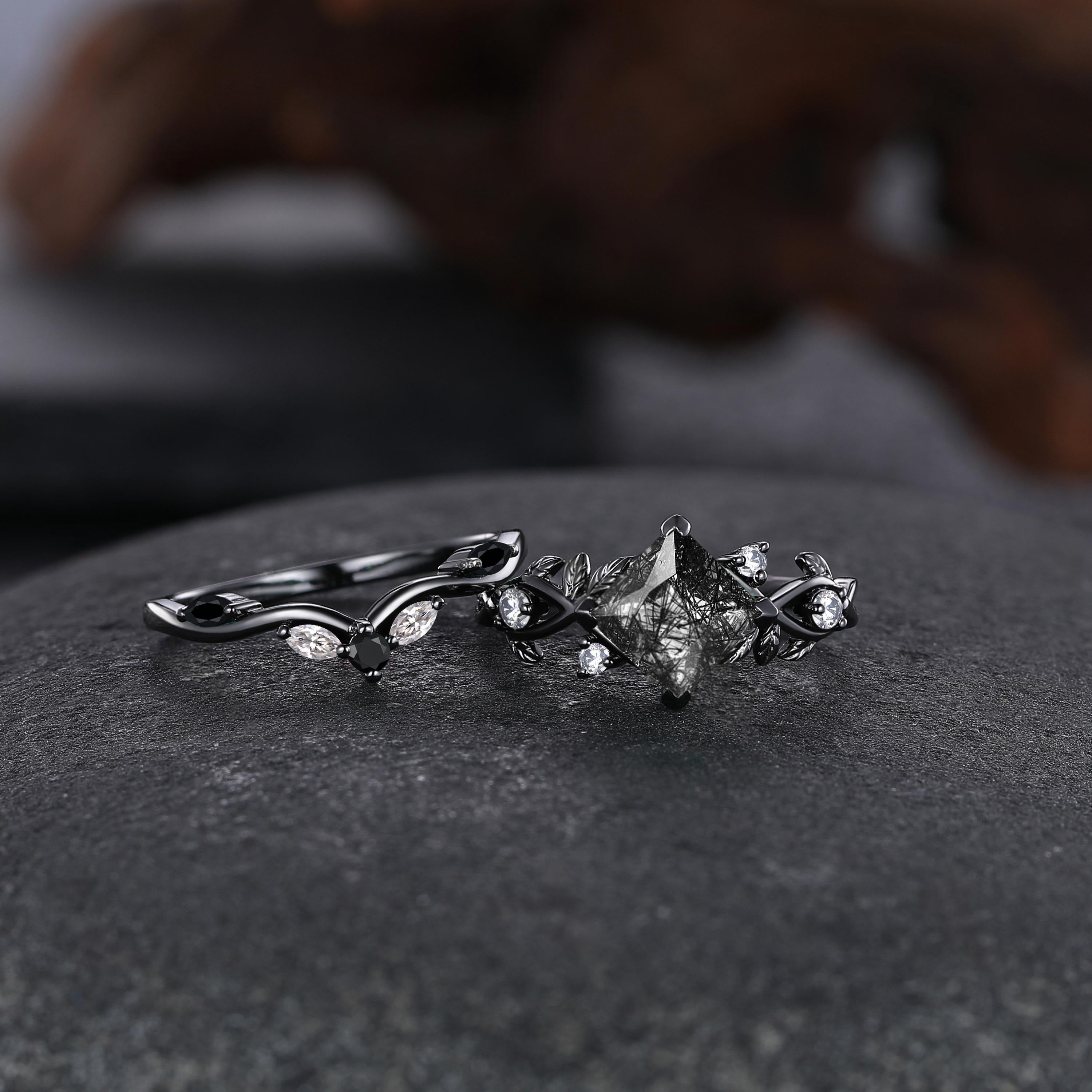 Vintage Princess Natural Rutilated Quartz Engagement Ring Set Black Bridal Ring - anerjuly