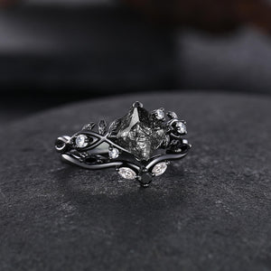 Vintage Princess Natural Rutilated Quartz Engagement Ring Set Black Bridal Ring - anerjuly