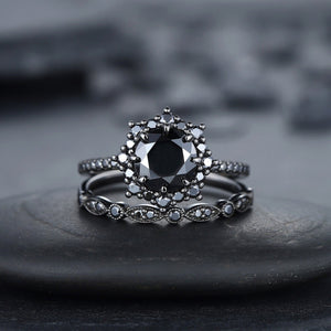 Vintage Round Black Onyx Black Gold Promise Ring, Rhodium Black Bridal Set, Black Wedding Ring - anerjuly