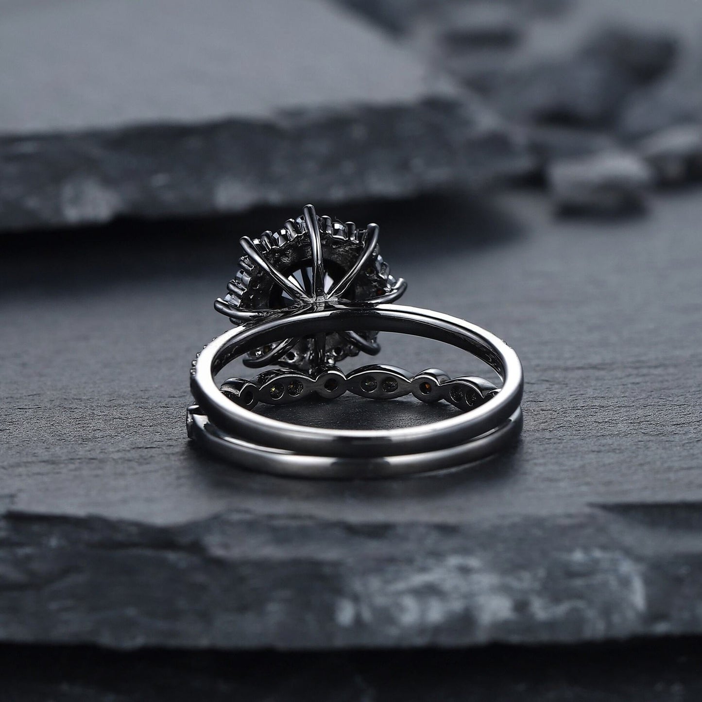 Vintage Round Black Onyx Black Gold Promise Ring, Rhodium Black Bridal Set, Black Wedding Ring - anerjuly