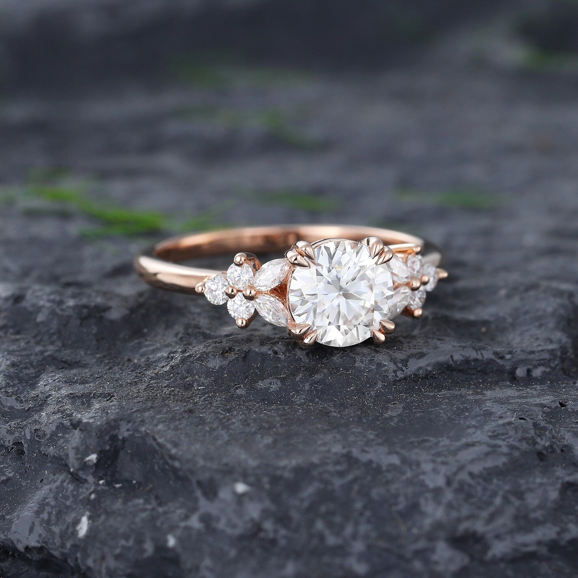 Vintage Round cut Moissanite Engagement Ring Rose Gold Floral Ring - anerjuly