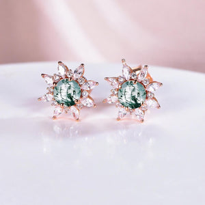 Vintage Round Cut Moss Agate Earrings Rose Gold Moissanite Studs - anerjuly