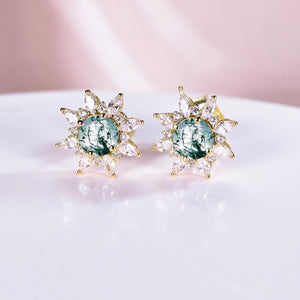 Vintage Round Cut Moss Agate Earrings Rose Gold Moissanite Studs - anerjuly