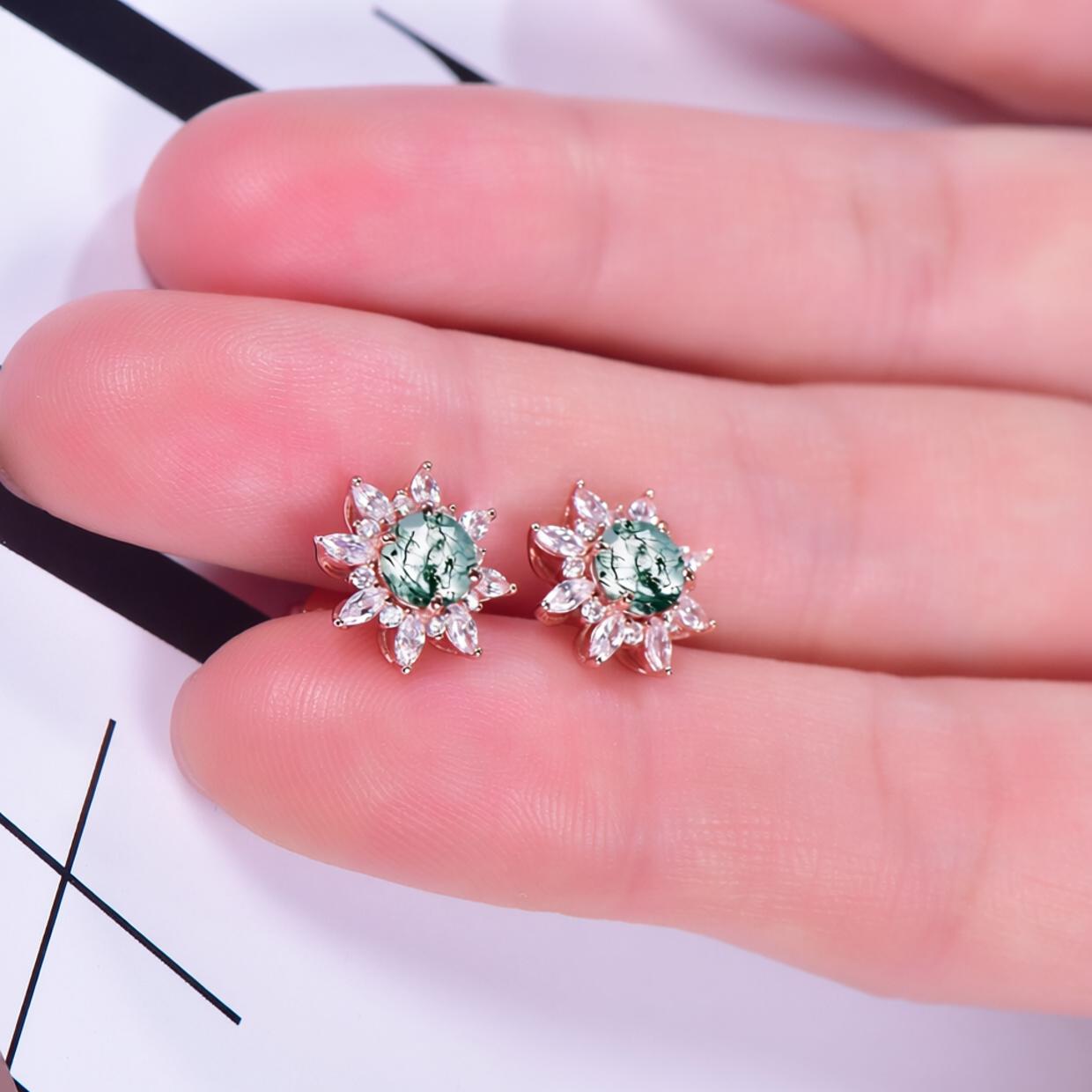 Vintage Round Cut Moss Agate Earrings Rose Gold Moissanite Studs - anerjuly