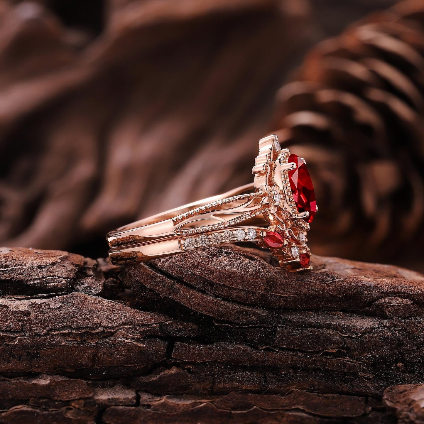 Vintage Ruby Engagement Ring Set Rose Gold Moissanite Ring Art Deco Floral Ring Set Curved Wedding Band Rings For Women Anniversary Gift - anerjuly
