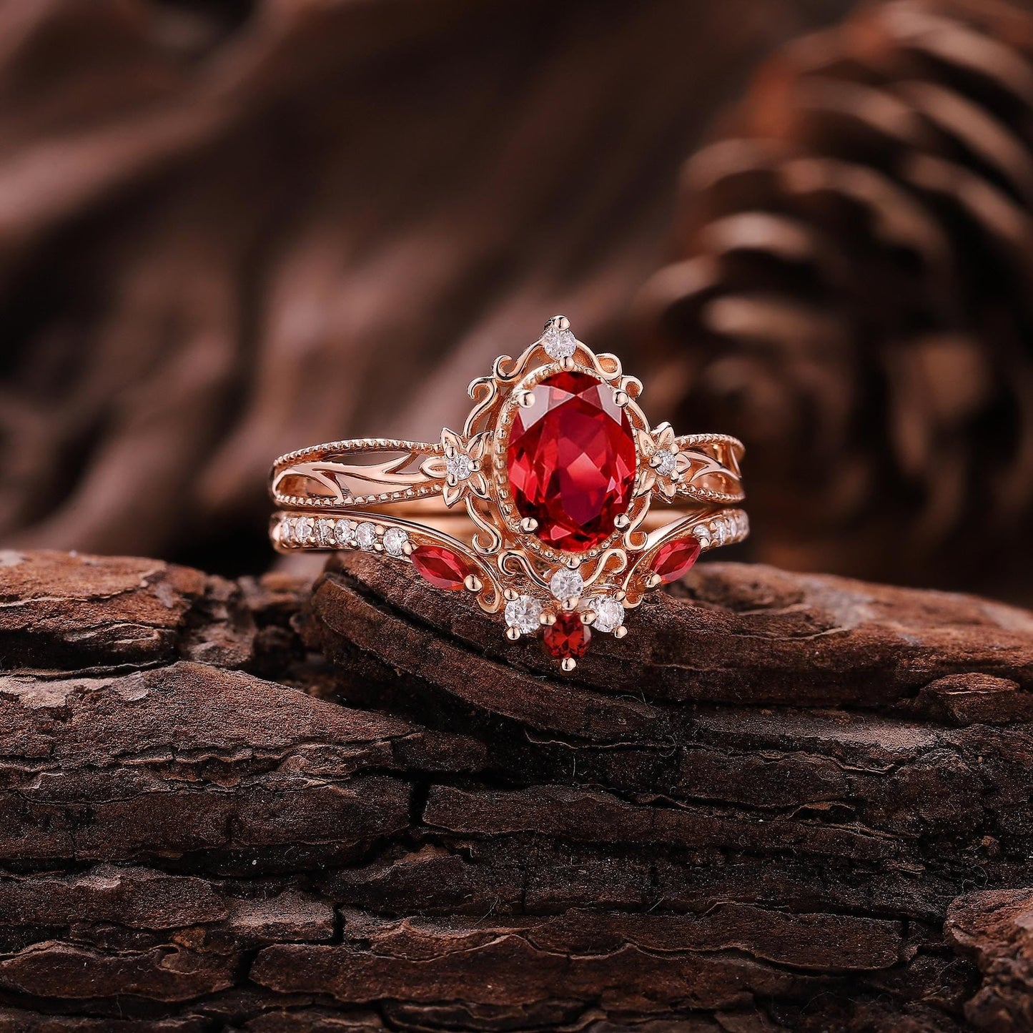 Vintage Ruby Engagement Ring Set Rose Gold Moissanite Ring Art Deco Floral Ring Set Curved Wedding Band Rings For Women Anniversary Gift - anerjuly